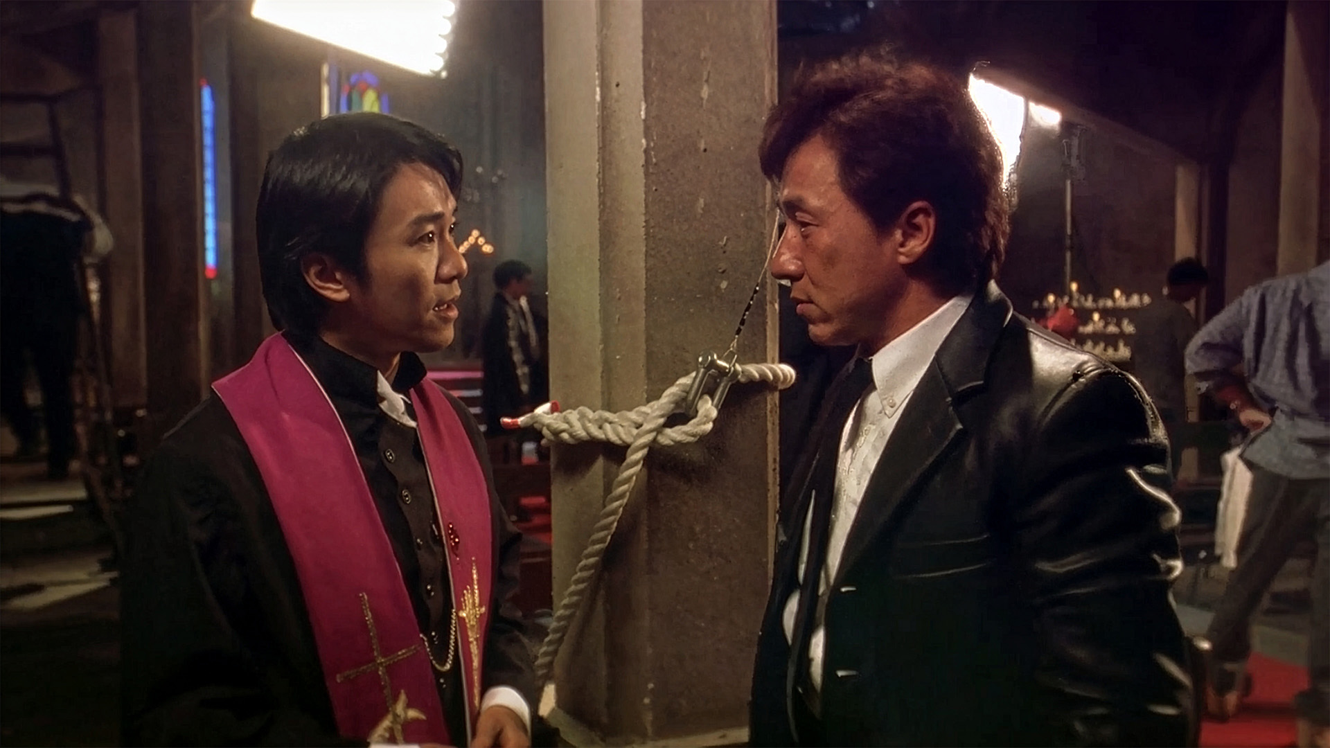 Jackie Chan's cameo appearance in King of Comedy as an extra who receives acting advice from Tin-Sau. This friendly cameo was arranged when both films were shooting at the same studio.